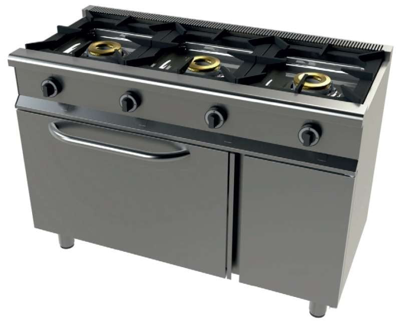Cocina a gas 3 fuegos con horno GN1/1 ancho 120 fondo 55 JUNEX 6301/1