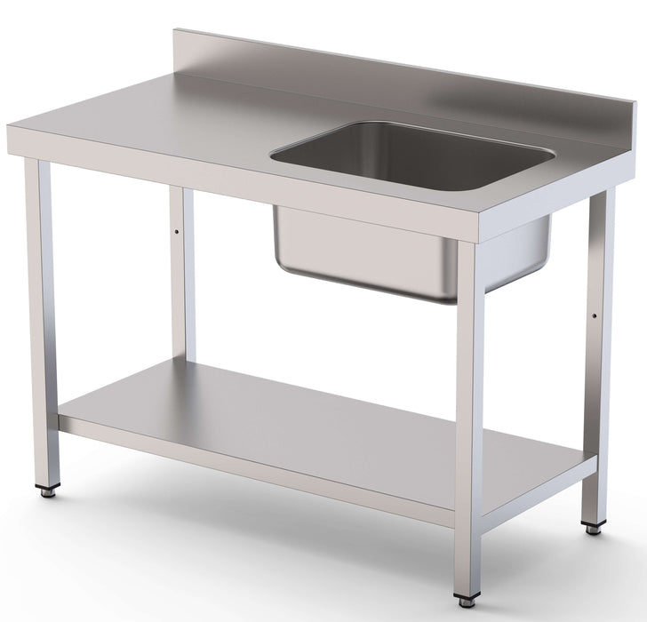 Mesa de Trabajo Acero Inoxidable Mural Con Estante y Con Cubeta a la Derecha 1200x600x850h mm WTW16012RB1