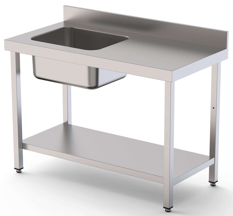 Mesa de Trabajo Acero Inoxidable Mural Con Estante y Con Cubeta a la izquierda 1400x700x850h mm WTW17014LB1