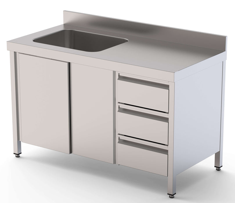 Mesa de Trabajo Acero Inoxidable Mural Con Puertas y Con Cubeta a la Izquierda y Cajones 2000x700x850h mm WTW17020LBSDDR