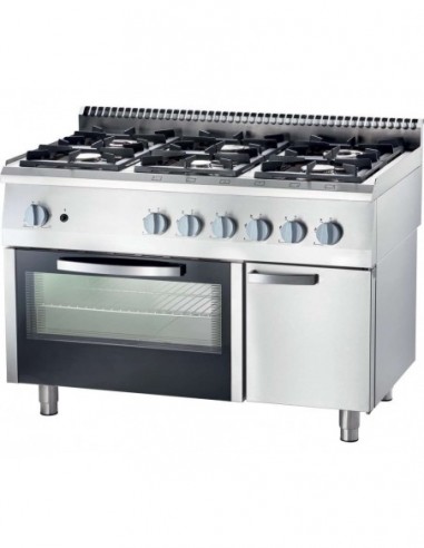 Cocina a gas con horno eléctrico estático GN1/1 6 fuegos 1200x700x850h mm 3,5+3x5+2x7 Kw Línea Varsovia