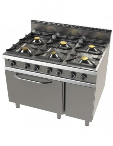 Cocina a gas con mueble de 6 fuegos 2x8,3+4,3+2x10 Kw Serie 900 JUNEX con medidas 1200x900x900h mm FO9C600