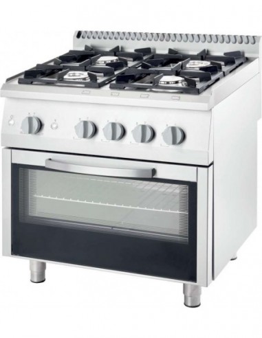 Cocina a gas con horno a gas GN2/1 4 fuegos 800x700x850h mm 2x5+2x7 Kw Línea Varsovia