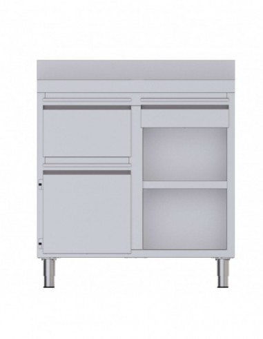 Mueble Cafetero Acero Inoxidable Con Tolva a la Izquierda, 1 Estante, 1 Puerta y 1 Cajón 1000x600x1050h mm CST60100D2SLB