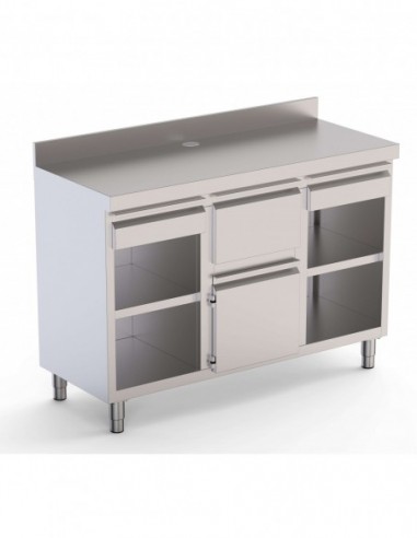 Mueble Cafetero Acero Inoxidable Con Tolva Central, 2 Estante, 1 Puerta y 2 Cajones 2500x600x1050h mm CST60250D2S