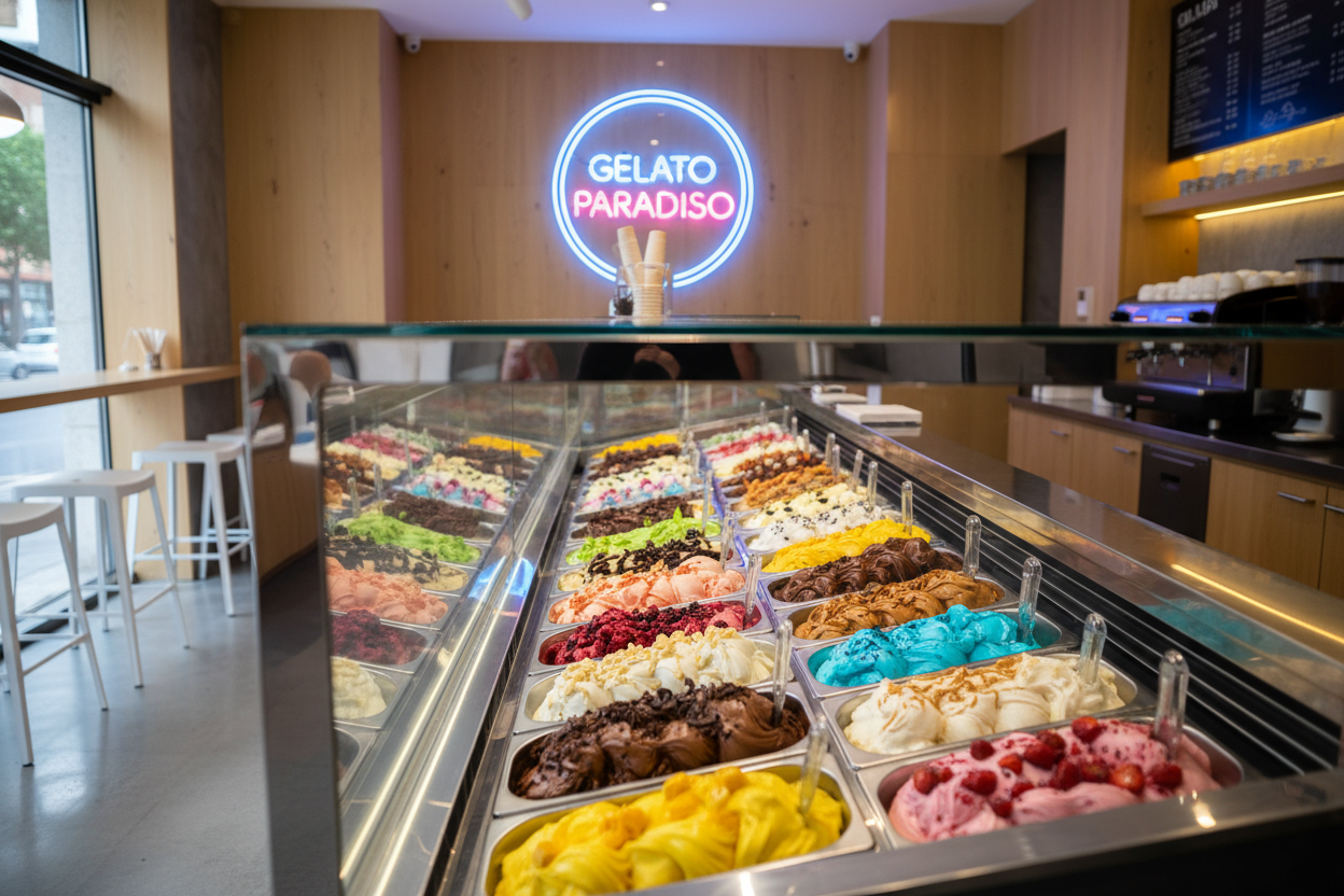 foto de heladería con una sola linea de vitrinas de helados