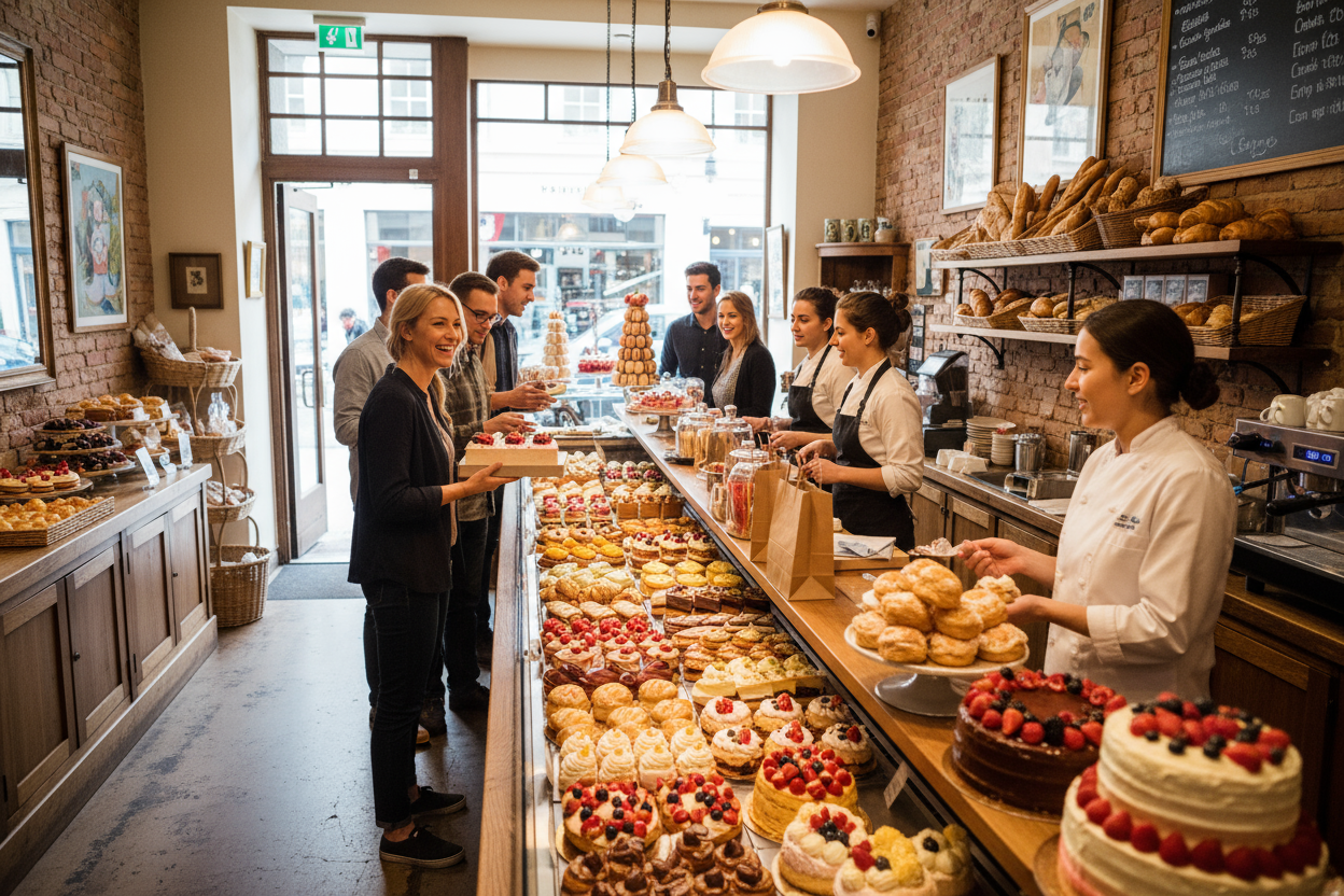 foto de pastelería con clientes comprando pasteles