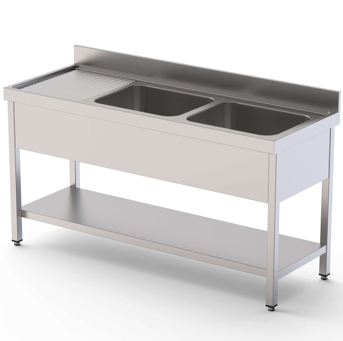 Fregadero Acero Inoxidable 2 Cubas Derecha Fondo 600 Con Mueble Con Estante 1800x600x850h mm IS1618R20S1 - FrigeriaHosteleria.com