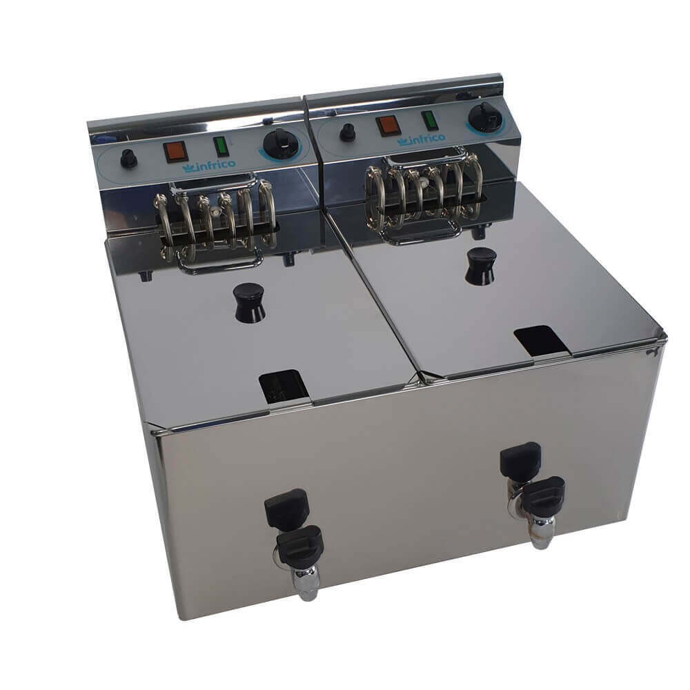 Freidora eléctrica trifásica 2 cubas con grifo 10+10 litros INFRICO FR1010LGT - FrigeriaHosteleria.com