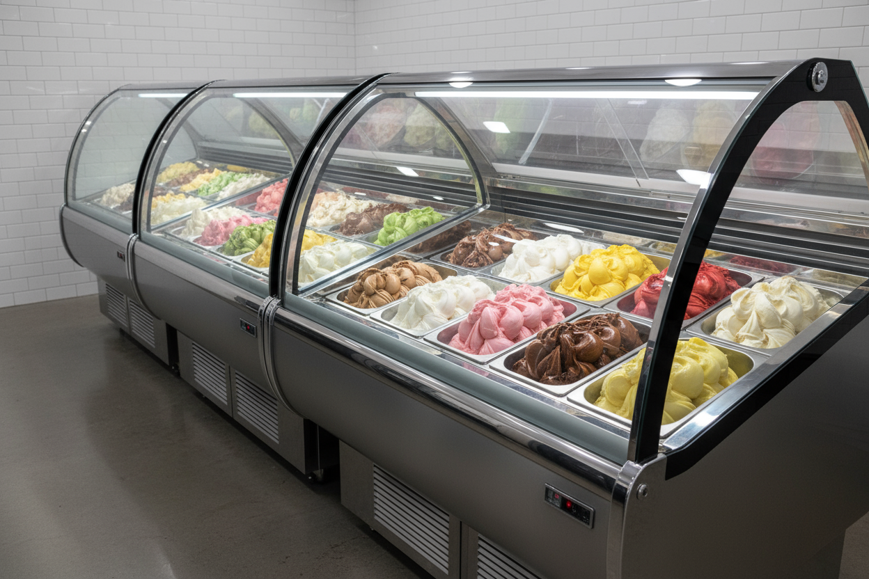 imagen realista de varias vitrinas de helados, sin texto