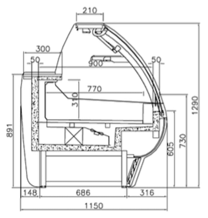 INFRICO Vitrina expositora refrigeración ventilada cristal curvo fondo 115 VBC - SU - FrigeriaHosteleria.com