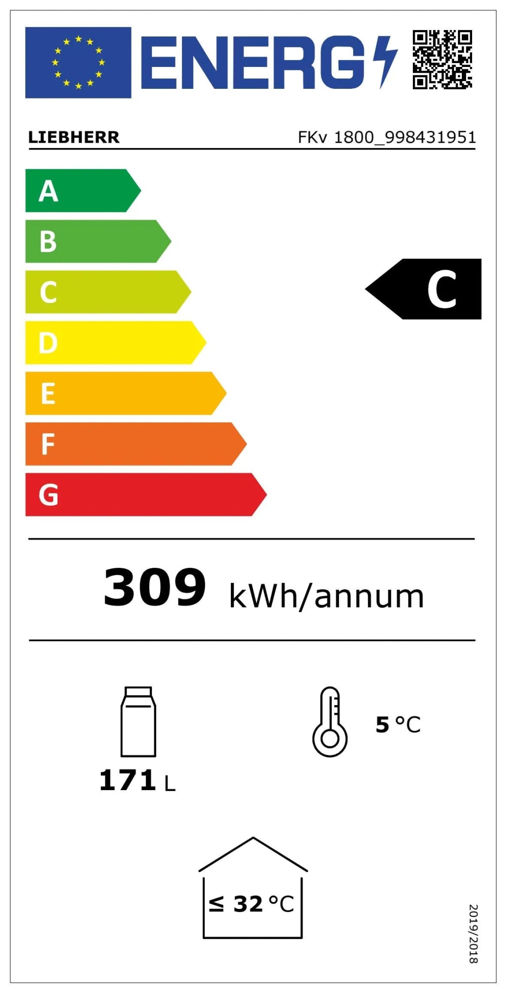 LIEBHERR Refrigerador blanco empotrable bajo encimera con enfriamiento por circulación de aire 171 Litros FKv 1800 - FrigeriaHosteleria.com