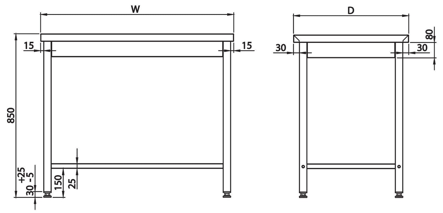 Mesa Central acero inoxidable AISI 201 sin estante 1500x700x850 mm MC157S Línea Varsovia - 36 Kg (950087150) - FrigeriaHosteleria.com