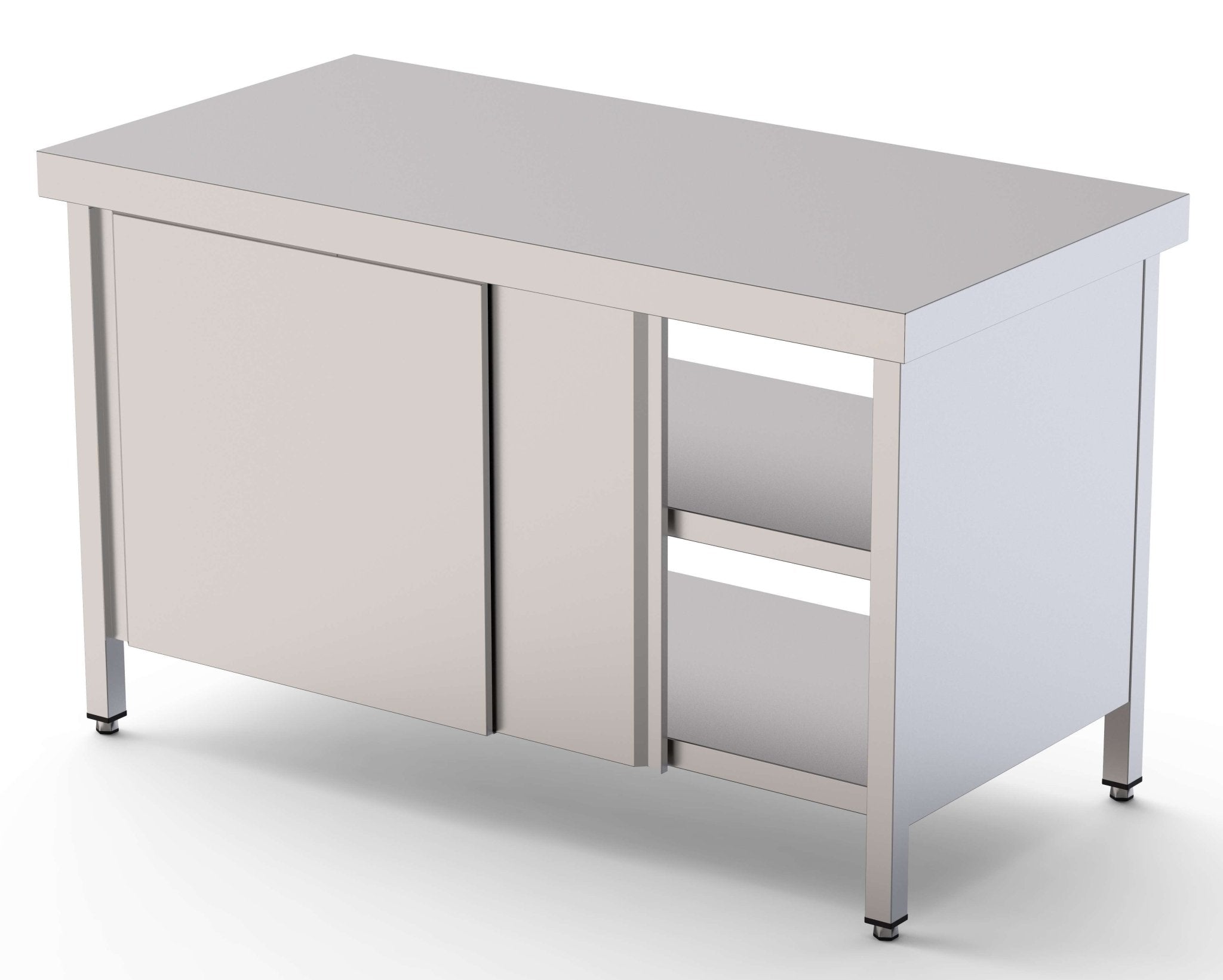 Mesa de Trabajo Acero inoxidable Central Con Puerta Corredera en Ambas Caras 1200x900x850h mm WTC190120PT - FrigeriaHosteleria.com