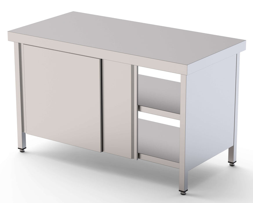 Mesa de Trabajo Acero inoxidable Central Con Puerta Corredera en Ambas Caras 2600x800x850h mm WTC180260PT - FrigeriaHosteleria.com