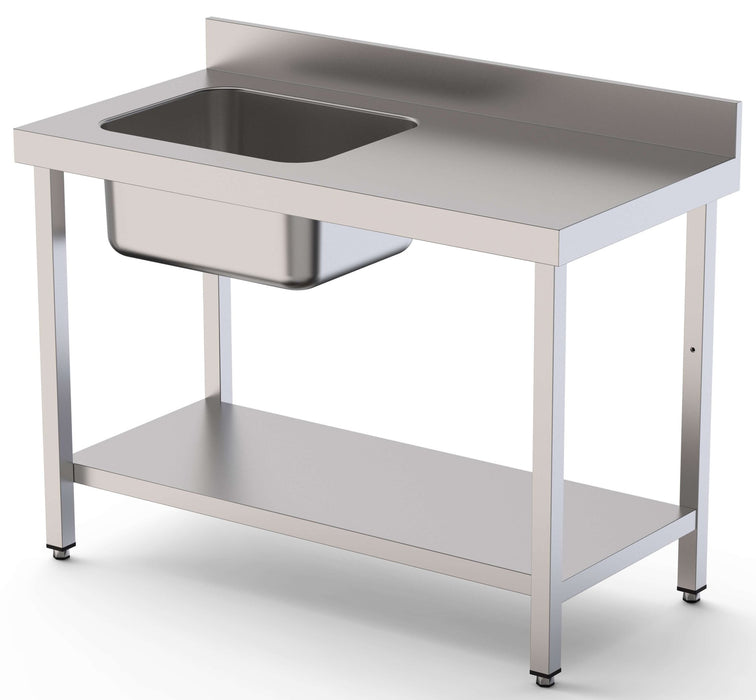 Mesa de Trabajo Acero Inoxidable Mural Con Estante y Con Cubeta a la izquierda 1400x700x850h mm WTW17014LB1 - FrigeriaHosteleria.com