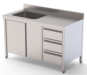 Mesa de Trabajo Acero Inoxidable Mural Con Puertas y Con Cubeta a la Derecha y Cajones 2200x700x850h mm WTW17022RBSDDL - FrigeriaHosteleria.com
