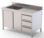 Mesa de Trabajo Acero Inoxidable Mural Con Puertas y Con Cubeta a la Izquierda y Cajones 2200x600x850h mm WTW16022LBSDDR - FrigeriaHosteleria.com