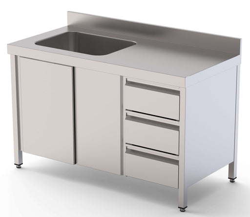 Mesa de Trabajo Inoxidable Con Puertas y Con Cubeta a la Izqda y Cajones 1400x600x850h mm WTW16014LBSDDR - FrigeriaHosteleria.com