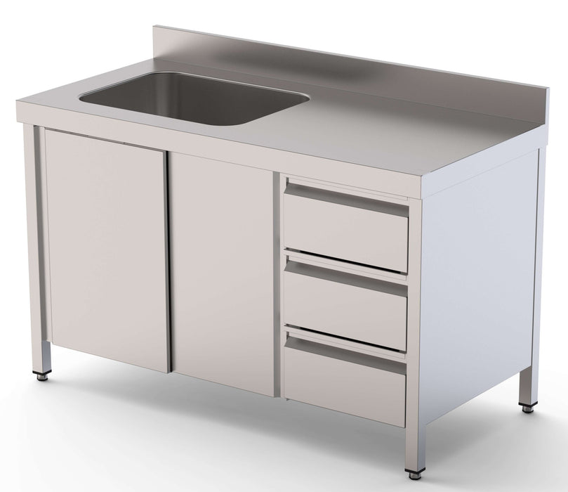 Mesa de Trabajo Inoxidable Con Puertas y Con Cubeta a la Izqda y Cajones 1400x600x850h mm WTW16014LBSDDR - FrigeriaHosteleria.com
