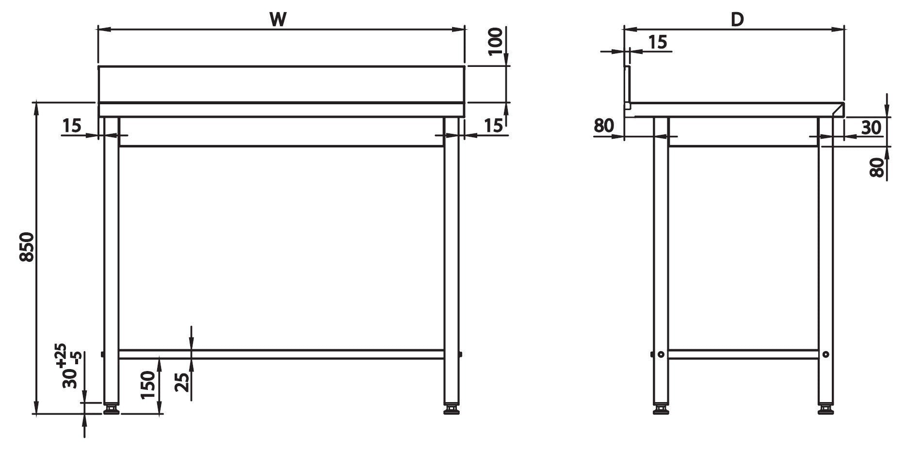 Mesa Mural acero inoxidable AISI 201 sin estante 1500x700x850 mm MM157S 950027150 - FrigeriaHosteleria.com