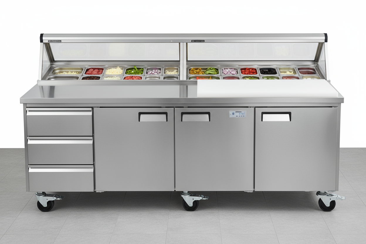 varios modelos de mesas frías de hostelería y pizzería