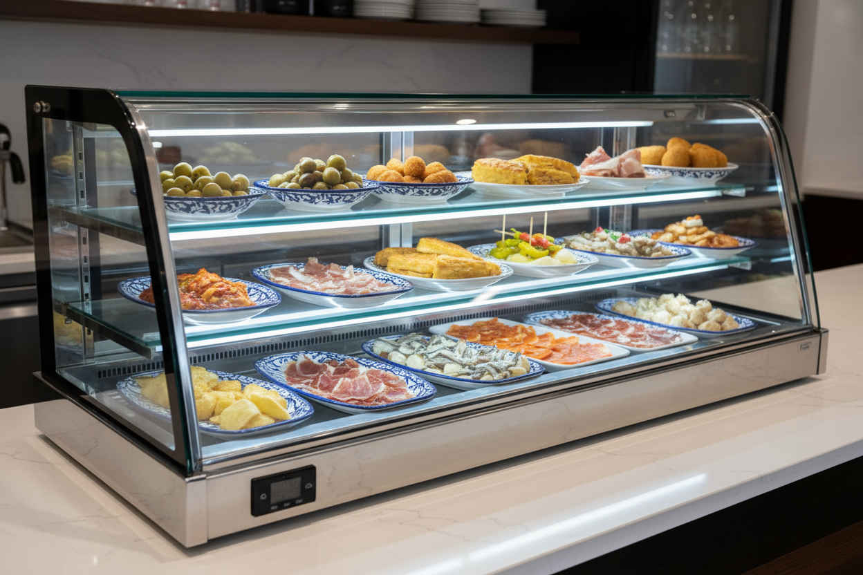 vitrina expositora refrigerada sobre mostrador de tapas