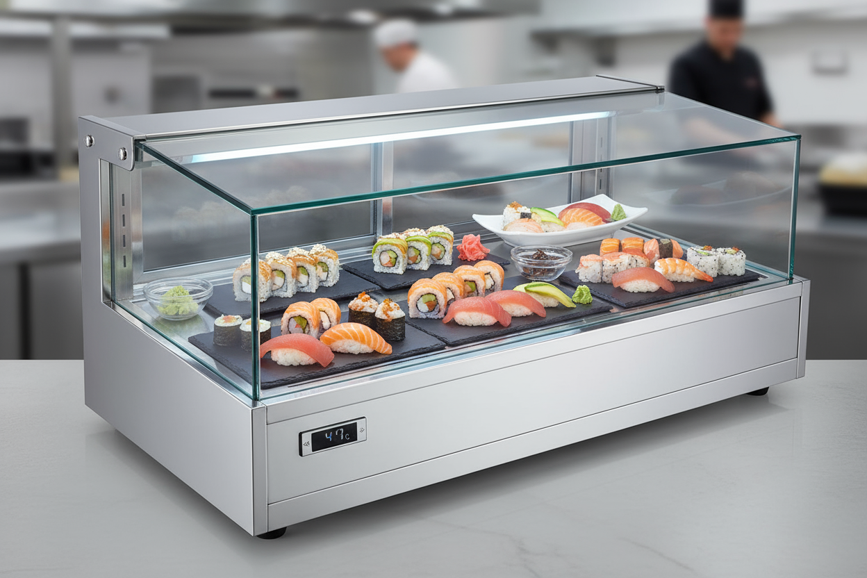 vitrina expositora refrigerada sobre mostrador para sushi