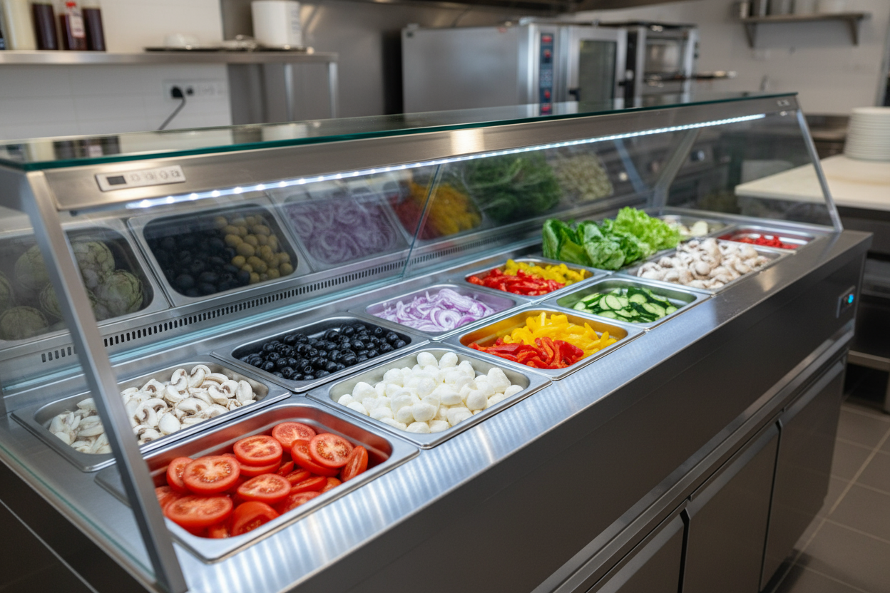 vitrina refrigerada de ingredientes para pizzas, ensaladas