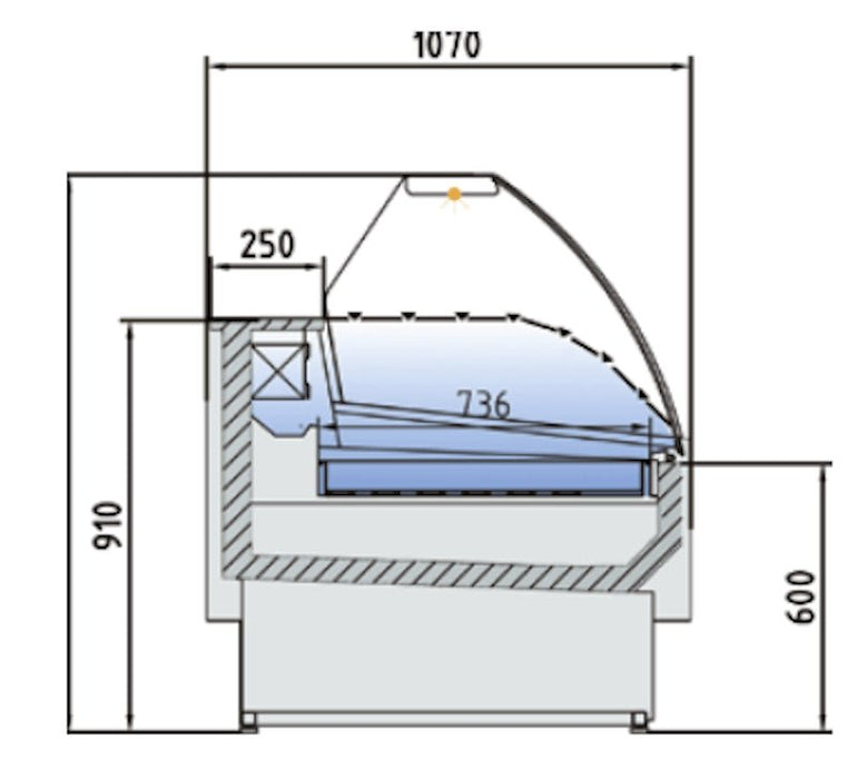Vitrina refrigerada especial pescado cristal curvo fondo 107 CORECO CVES - 10 - C - P - EF - FrigeriaHosteleria.com