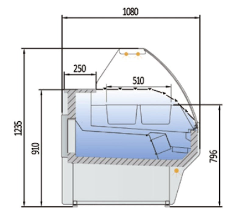 Vitrina refrigerada para ingredientes con cubetas cristal curvo fondo 108 CORECO CVE - 10 - C - ES - FrigeriaHosteleria.com